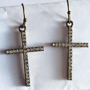 Cross earrings with clear rhinestones Antiqued gold tone metal